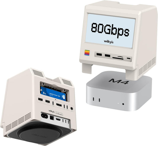 M5 Retro Dock Station voor Mac mini M4 Pro, 80Gbps M.2 NVMe SSD-behuizing met koelventilator, compatibel voor Thunderbolt 5/4/3/USB 4, 5'inch HD-scherm, SD/Micro SD Reader 4.0, 8K @60Hz