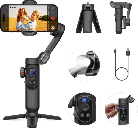 3-Assige Gimbal Stabilizer voor iPhone & Android – Telefoon Gimbal – Smartphone Stabilisator – iPhone Gimbal – Videostabilisator – AI-Tracking en 6000 Lux Vullicht – Opvouwbaar en Compact