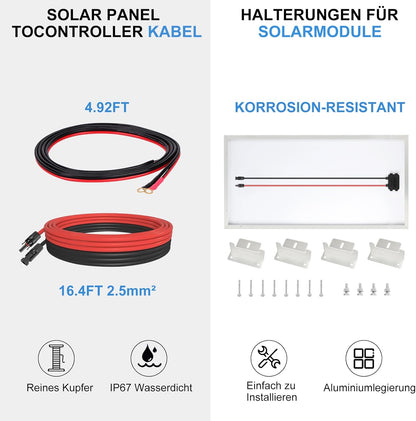 Monokristallijn Zonnepaneel-Kit, 120W, 12V Zonnepaneel, 120 Watt, bevat 20A Bluetooth Zonne-Laadregelaar + 5M Zonnekabel + Z-brackets voor Camper, Boot, Caravan, Huishouden