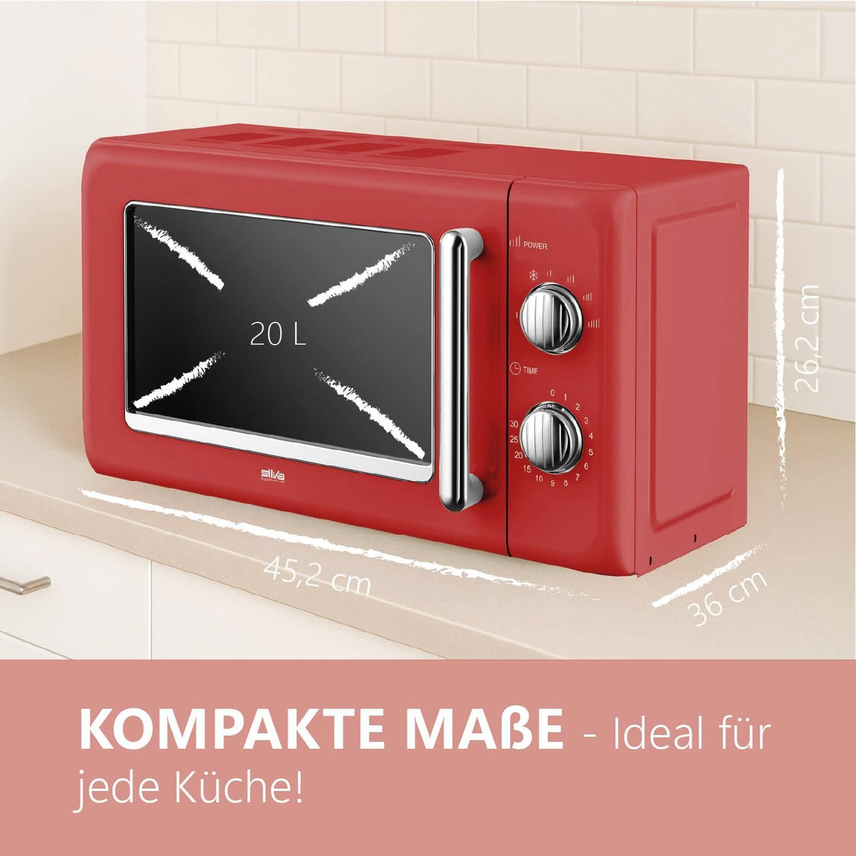 Retro Magnetron – Compacte Magnetron – Vintage Magnetron – Keuken Magnetron – Elektrische Magnetron – 20 Liter Inhoud – 700 Watt Vermogen – 6 Stands – Timer Met Eindsignaal – Rood Met Verchroomde Knoppen