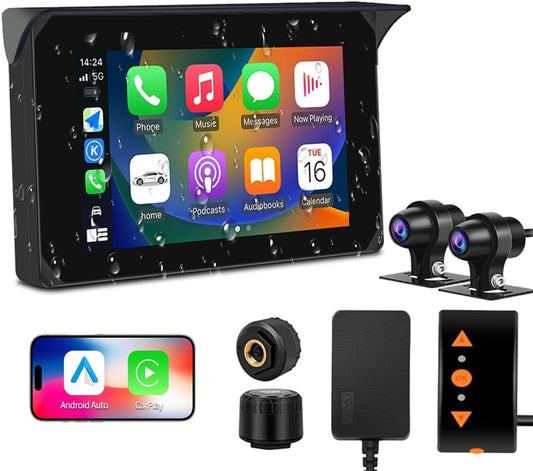 VSYSTO Motorfiets Carplay Scherm, Draadloze Carplay en Android Auto, GPS Navigatie, Parkeermonitoring, Bandenspanningssensoren, 5-Inch WiFi Dashcam 1080P Voor- en Achtercamera (CS5PRO)
