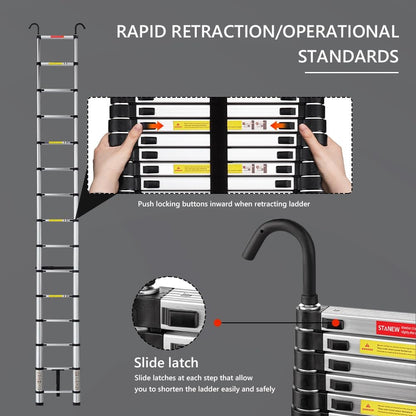 STANEW Telescopische Ladder 4.4m, Uitschuifbare Ladder van Aluminium met 2 afneembare haken, Belastbaar tot 150 kg