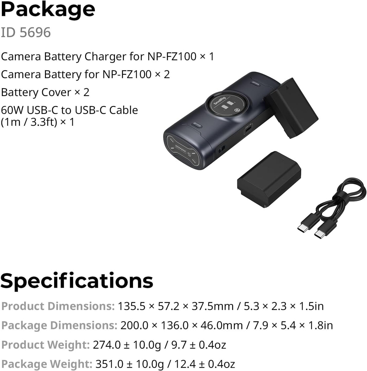 Camerabatterij Set NP-FZ100 – Accu – Batterij – Oplaadbare Batterij – Accupack – Dual-Channel Oplader – 2520mAh Capaciteit – Snelladen via USB-C