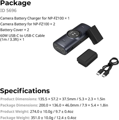 Camerabatterij Set NP-FZ100 – Accu – Batterij – Oplaadbare Batterij – Accupack – Dual-Channel Oplader – 2520mAh Capaciteit – Snelladen via USB-C