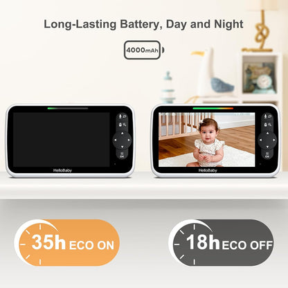 HelloBaby 6-Inch Babyfoon, Groot Scherm met Camera en Audio, 4000 mAh Batterij en ECO Modus, Nachtzicht, Geen WiFi, Tweewegcommunicatie en 8 Slaapliedjes, Op Afstand Bedienbare PTZ Camera