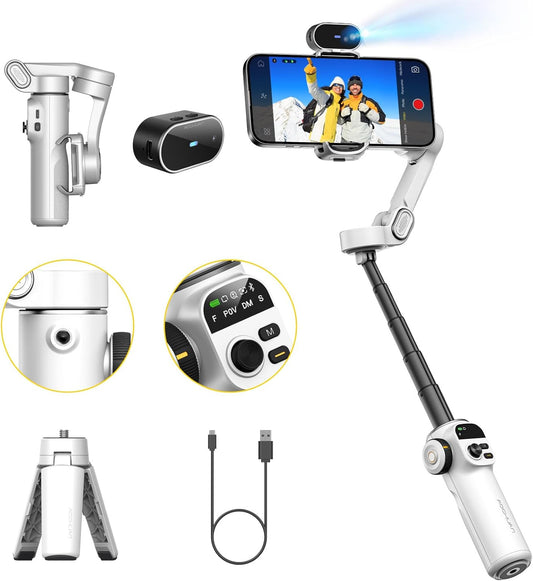 AOCHUAN Gimbal-stabilisator voor iPhone, telefoongimbal met AI-trackingsensor voor vlog-opname, 3-assige telefoongimbal met 7,8 inch verlengstang en OLED-display voor iPhone/Android-Smart X2 AI wit
