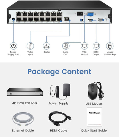 16-kanaals 4K PoE NVR CCTV-camerasysteem Network Video Recorder met 4TB-harde Schijf Ondersteunt 8MP 5MP 2MP IP-camera, Veiligheid 24/7 Opname, Werken met AKINGUAR PoE-camera's
