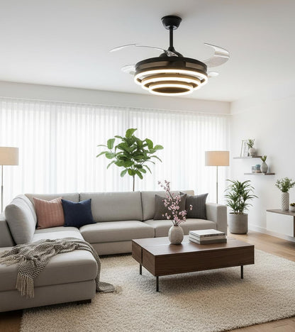 BEL AIR HOME - SFERA Plafondventilator met DC-motor en LED-verlichting 36W - Instelbare kleurtemperatuur 3000K, 4000K, 6500K - Inclusief afstandsbediening, Zwart, Blanco Y Gris