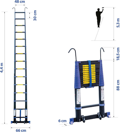 Telescopische ladder, 4,4 m, aluminium, opvouwbaar, uittrekbaar, multifunctioneel, werkhoogte max. 5,3 m, afneembare haken