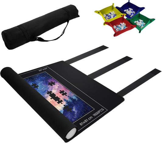 Puzzelmat, 66 x 117 cm, geschikt voor 1500 stukjes, puzzel speelmat oprolbaar met 4 puzzelopbergbakjes, antislip rubberen puzzelmat met 3 bevestigingsriemen, opbergtas, schuimbuis