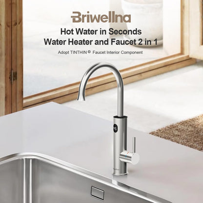 Waterkraan met doorstroomboiler, 220 V, elektrische waterkraan, 360 graden roteren en digitaal display, warmwaterkraan met universeel mondstuk, zilver