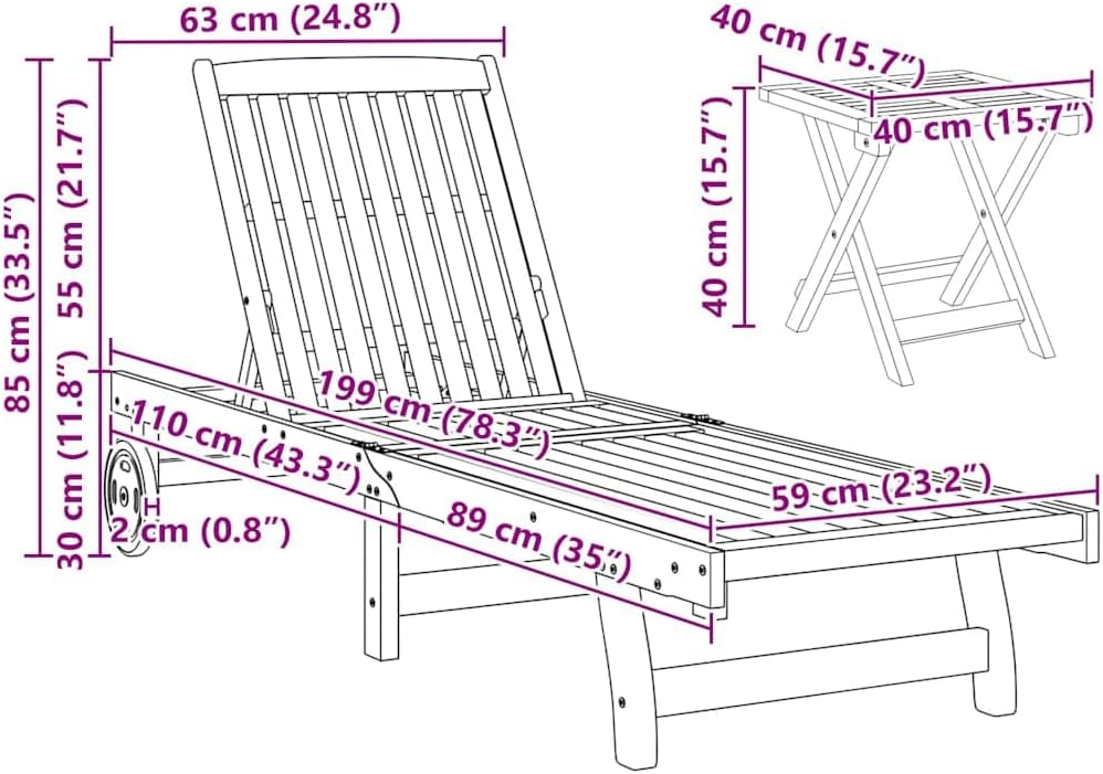 vidaXL Sun lounger with table solid acacia wood, outdoor bed, sun bed, garden lounger, sun lounger, outdoor lounger, sun lounger, wooden lounger - QUORE