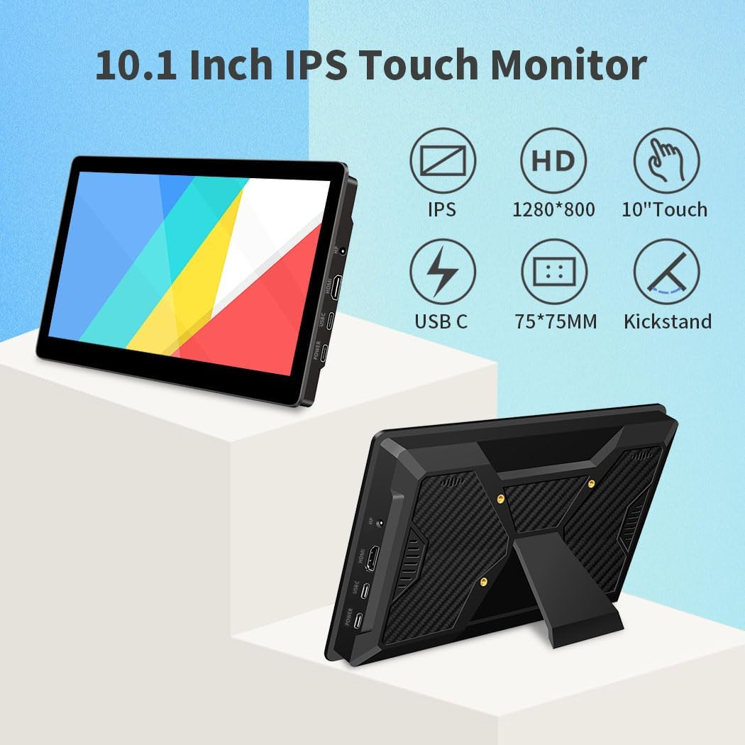 10.1 Inch Touch Screen Mini Monitor, IPS 1280×800 USB-C HDMI Portable Secondary Display with Stand and Speaker, USB C for PC Laptop Grater PI AIDA64 STEM DIY - QUORE