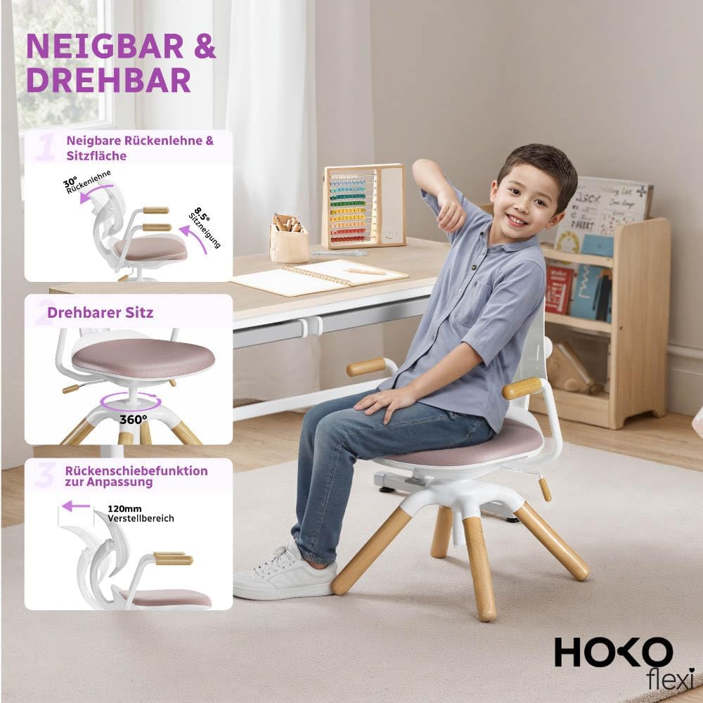 HOKO Ergonomische kinderbureaustoel – in hoogte verstelbaar met ademende rugleuning, 360 graden draaibaar, ideaal voor huiswerk en leren (Laura)