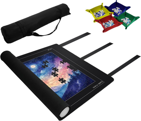 Puzzelmat 94 x 149 cm kan 3000 stukjes bevatten, puzzel speelmat oprolbaar met 4 puzzelopbergbakjes, antislip rubberen puzzelmat met 3 bevestigingsriemen, opbergtas met schuimbuis