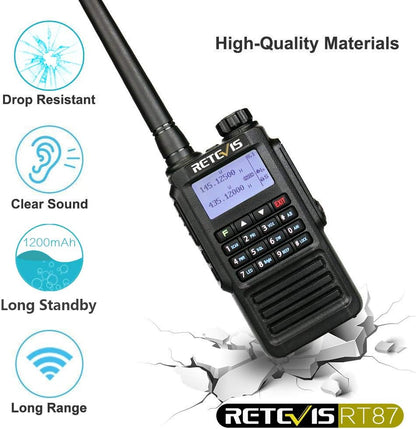 Retevis RT87 Walkie Talkie Waterdicht IP67 Dual Band 5W Portofoons 2 m/70 cm 1200 mAh Batterij 128 Kanalen FM Radio Oplaadbaar Amateur radio (1 Stuk, Zwart)