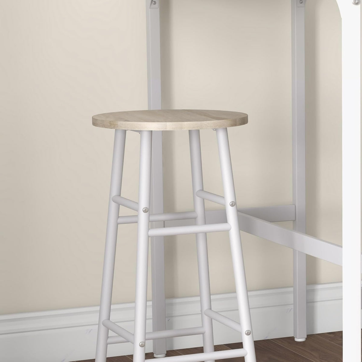 HOMCOM Bistrotafel set + 2 krukken met voetensteun, statafel, stalen frame, industrieel design, hoge keukentafel, dienblad, natuurlijke houtlook, wit