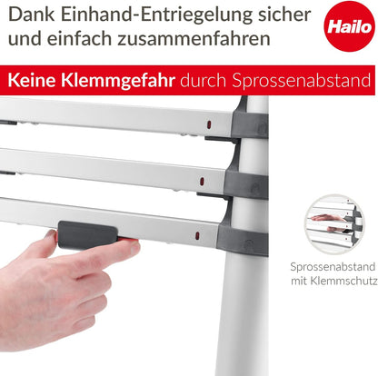 Hailo T80 FlexLine aluminium veiligheidstelescopische ladder - uittrekbare ladder met 9 sporten - werkhoogte tot 340 cm - gewicht 8,1 kg - zilver