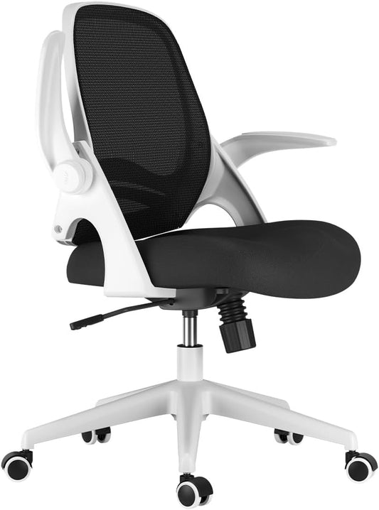 Hbada Bureaustoel Opklapbare Armsteun Ergonomische Bureaustoel Compact 120 ° Vergrendeling 360 ° Rotatie Zitting Oppervlaktelift Versterkte Nylonharsbasis, Wit