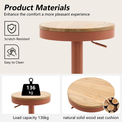 YOUNIKE Barkruk, set van 2, hout, in hoogte verstelbaar, draaibaar, barkruk, keukenkruk, hoogte barstoelen met voetensteun, voor bar, keuken, draaikruk van massief metaal, terracotta