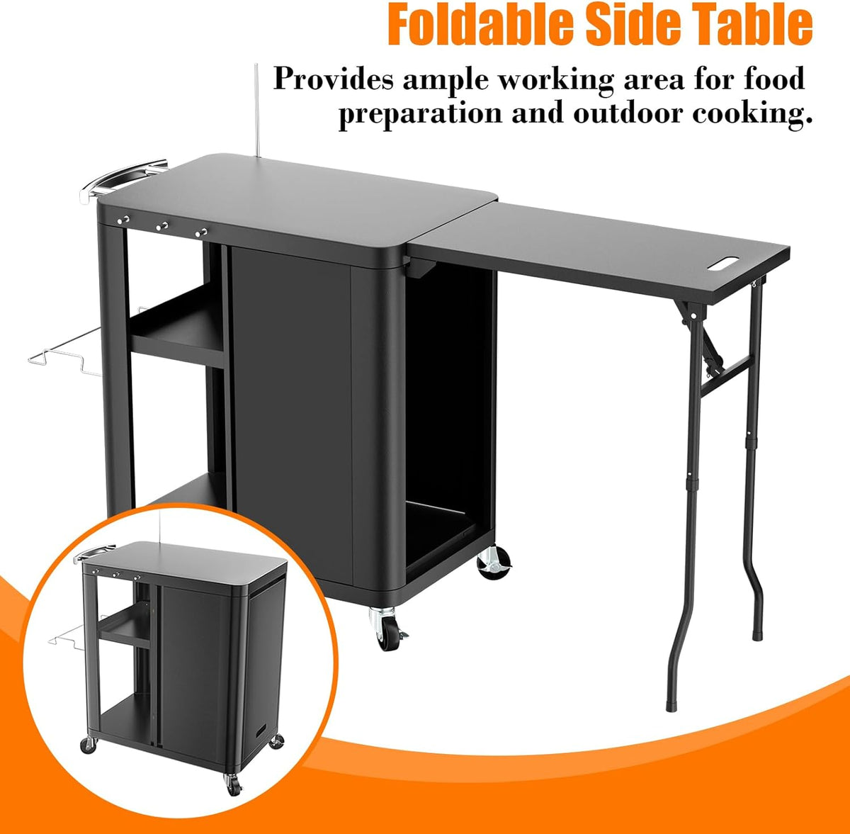 GFTIME Grillwagen, grilltafel met inklapbare bijzettafel, outdoorkeuken met haken, opbergrek en kast, serveerwagen met wielen, buitenkeuken, 143 x 37 x 89 cm