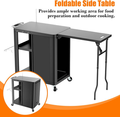 GFTIME Grillwagen, grilltafel met inklapbare bijzettafel, outdoorkeuken met haken, opbergrek en kast, serveerwagen met wielen, buitenkeuken, 143 x 37 x 89 cm