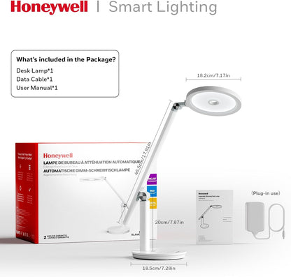 Honeywell Desk Lamp for Home Office, H6 Sunturalux Eye-Caring Led Desk Light, 800LM Dimmable Desk Lamp with Timer, Touch Control Tall Desk Reading Light, Table Lamp for Circle Webcam, Study, Bedroom