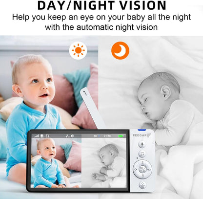Feegar Babyfoon met camera, babymonitor, 5 inch, 720P HD-display, 2,4 GHz, PTZ 355°/120° babymonitor met afstandsbediening, 2 x zoom, VOX-modus, nachtzicht, temperatuursensor, slaapliedjes, 5000 mAh