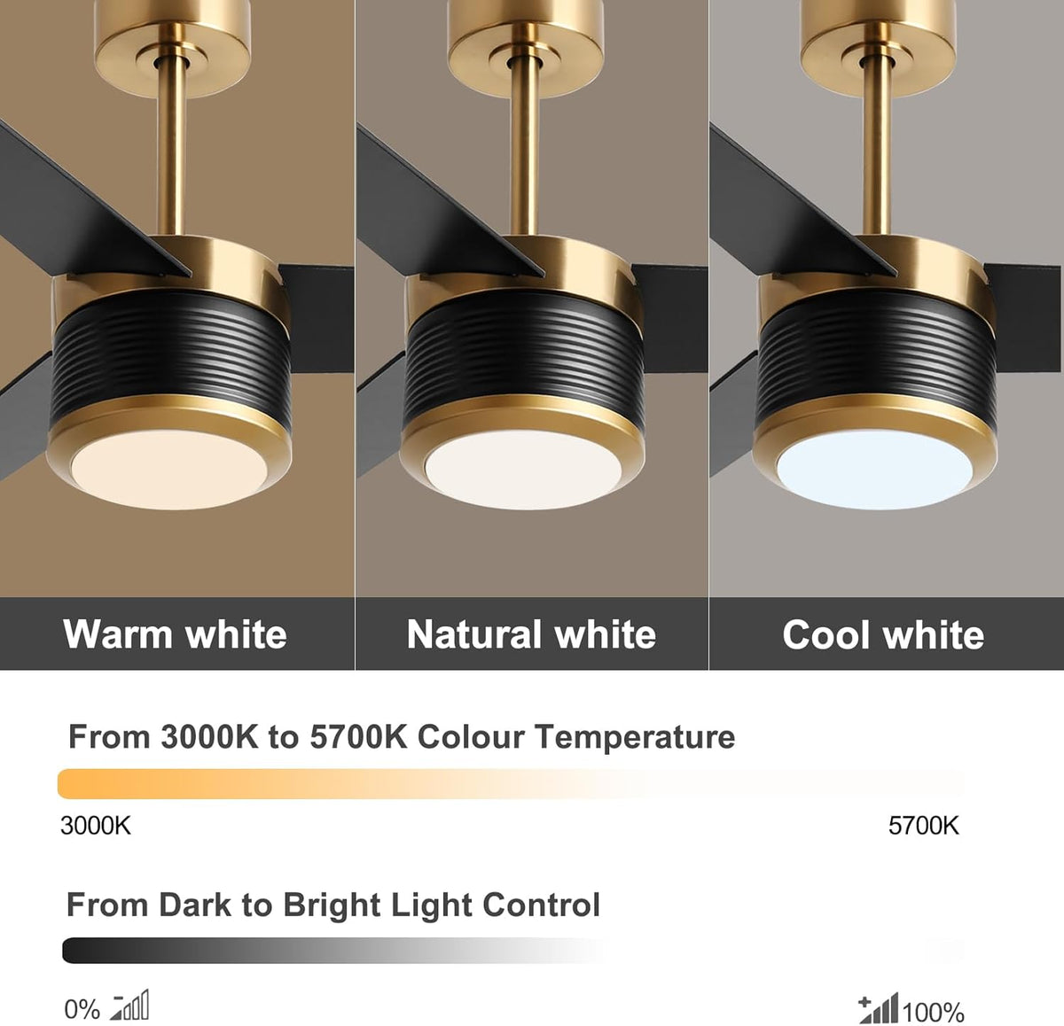 reiga 132 cm zwarte plafondventilator met lampen en afstandsbediening, dimbaar ledlicht met 3 kleurtemperaturen, stille motor, 3 zwarte vleugels, modern, voor binnen en buiten