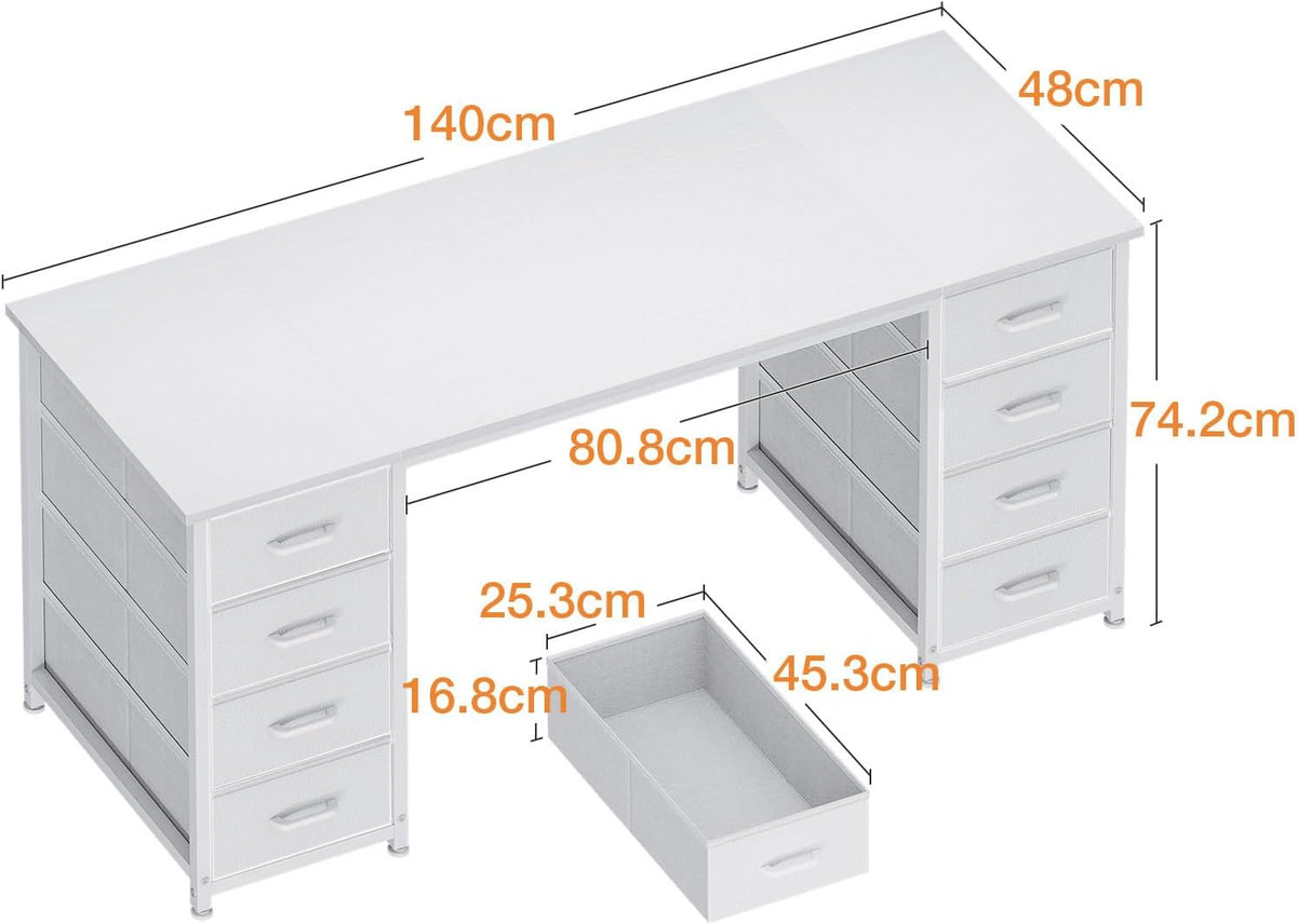 Coleshome Bureau met 8 Stoffen Laden, 140 x 48 cm, Wit Bureau met Opbergruimte, Computertafel, Bureautafel, PC-Tafel, Kantoortafel voor Kantoor, Woonkamer, Thuiskantoor