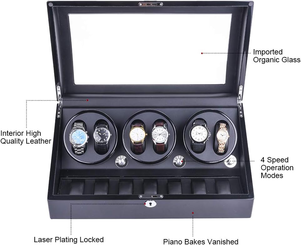 Automatische Horloge-Opwinder – Horlogewinder – Horlogebox – Watch Winder – Horloge-Opwindkast – Geschikt Voor 6 Horloges + 7 Extra Opbergplekken – Superstil <5 dB Met 4 Rotatieprogramma's