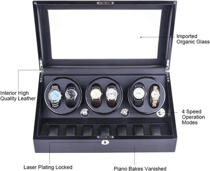 Automatische Horloge-Opwinder – Horlogewinder – Horlogebox – Watch Winder – Horloge-Opwindkast – Geschikt Voor 6 Horloges + 7 Extra Opbergplekken – Superstil <5 dB Met 4 Rotatieprogramma's