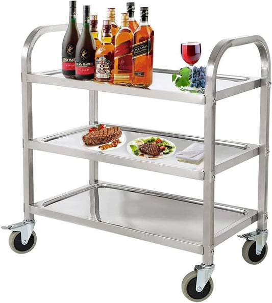 3 Tier RVS Serving Catering Cart Utility Rolling Cart Keuken Eiland Trolley Opbergkar met vergrendelingswielen, Ideaal voor Keuken Hotels, 72 x 82x 40 CM