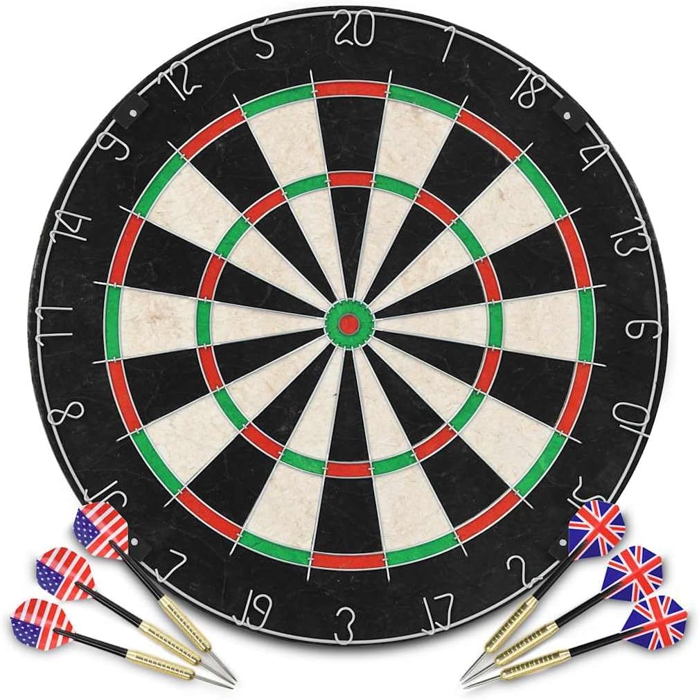 Dartbord – Dartset – Darts – Speelbord – Surround Ring – Sisal Dartbord Van 45 cm – 6 Stalen Puntsdarts Met Anti-slip Grip