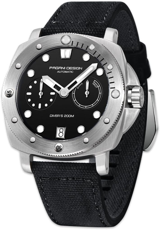 Pagani Design 1767 Automatisch herenhorloge, synthetische saffier-roestvrijstalen behuizing, 20 bar, waterdichte leren armband, casual herenhorloge