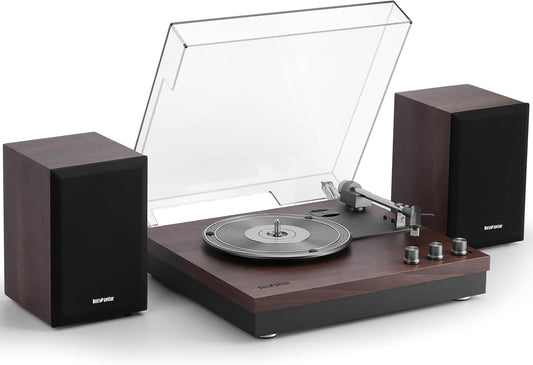 Platenspeler – Draaitafel – Vinylspeler – Retro Platenspeler – Donkerbruin Hout – 2 Externe Luidsprekers Van 15 W – Bluetooth, Aux-In, USB-Weergave En LP-MP3-Opname