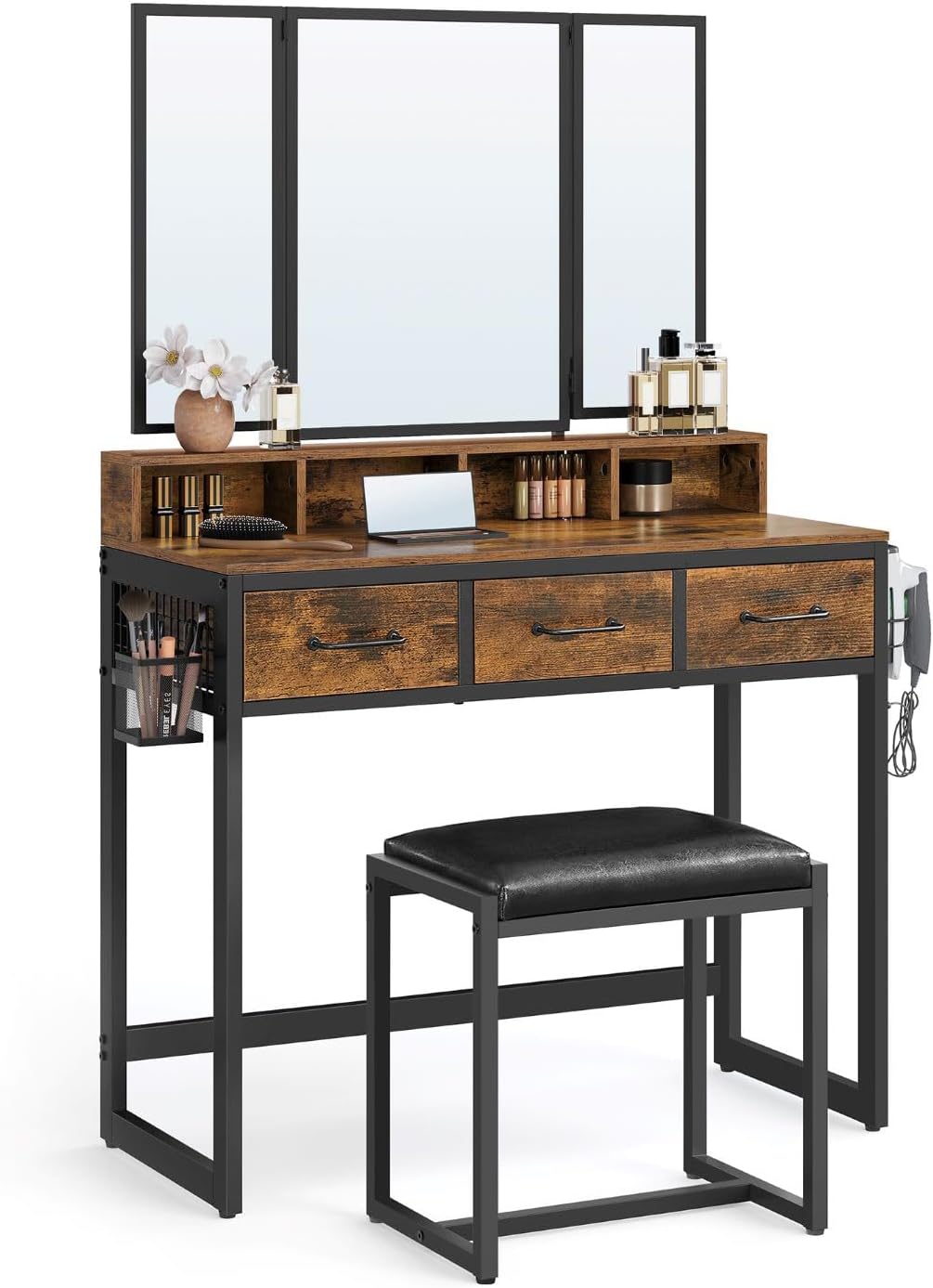 Kaptafel - met kruk en opklapbare spiegel - Cosmeticatafel - Damestafel - Hout - Bruin/Zwart - QUORE