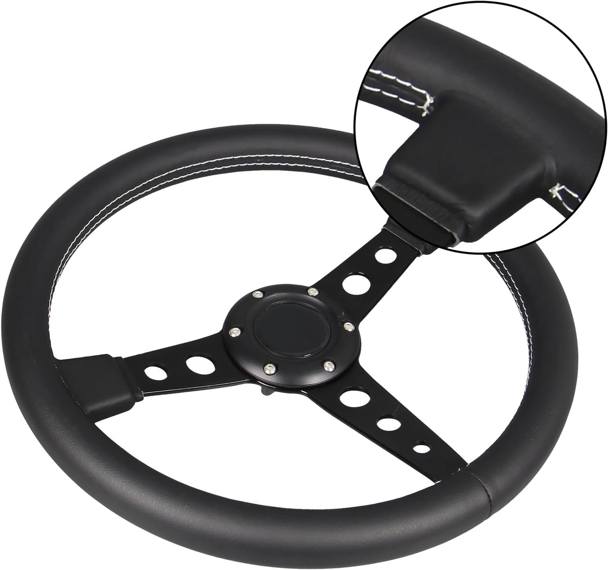 Stuurwiel – Sportstuur – Race Stuur – Drift Stuur – Lederen Stuur – 14 Inch (350mm) – Zwart Leer Met Witte Stiksels