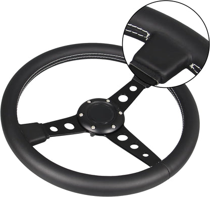 Stuurwiel – Sportstuur – Race Stuur – Drift Stuur – Lederen Stuur – 14 Inch (350mm) – Zwart Leer Met Witte Stiksels