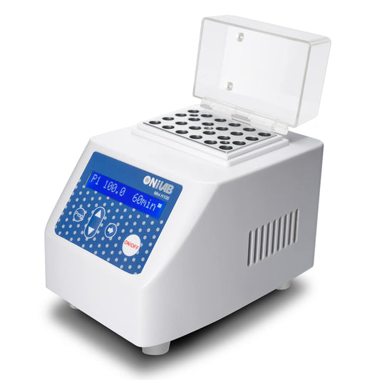 ONiLAB Mini Dry Bath incubator, 15 x 1,5 ml aluminium verwarmingsblok, lcd-display, timerbediening, up to 100 C, 0,5 C nauwkeurigheid, 9 programma's in het geheugen, snelkalibratiefunctie
