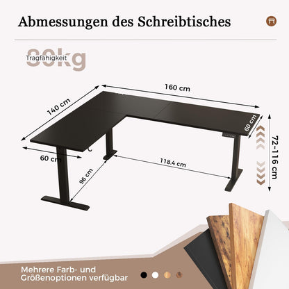 Klicelor L-shaped Electric Adjustable Desk, 160x140cm L Shape Standing Desk with 3 Memory Functions and Anti-collision Technology, Ergonomic Computer Table, Black - QUORE