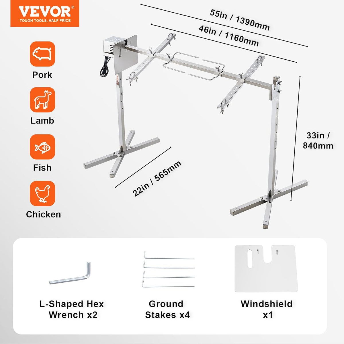 VEVOR Lamsgrill, varkensgrill, braadrooster, grillrooster, max. belasting 41 kg, voor varkensvlees, lam, elektromotor met 42 W, commerciële draaispies van roestvrij staal