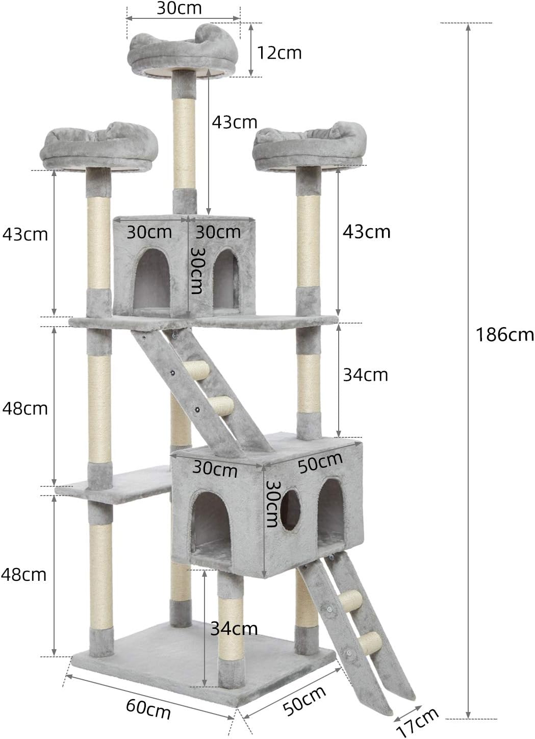 Kattenboom – Kattenkrabpaal – Kattentoren – Klimtoren – Grijs – 186 cm Hoog – Stabiele Verdikte Basis