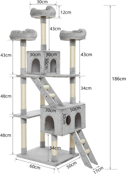 Kattenboom – Kattenkrabpaal – Kattentoren – Klimtoren – Grijs – 186 cm Hoog – Stabiele Verdikte Basis