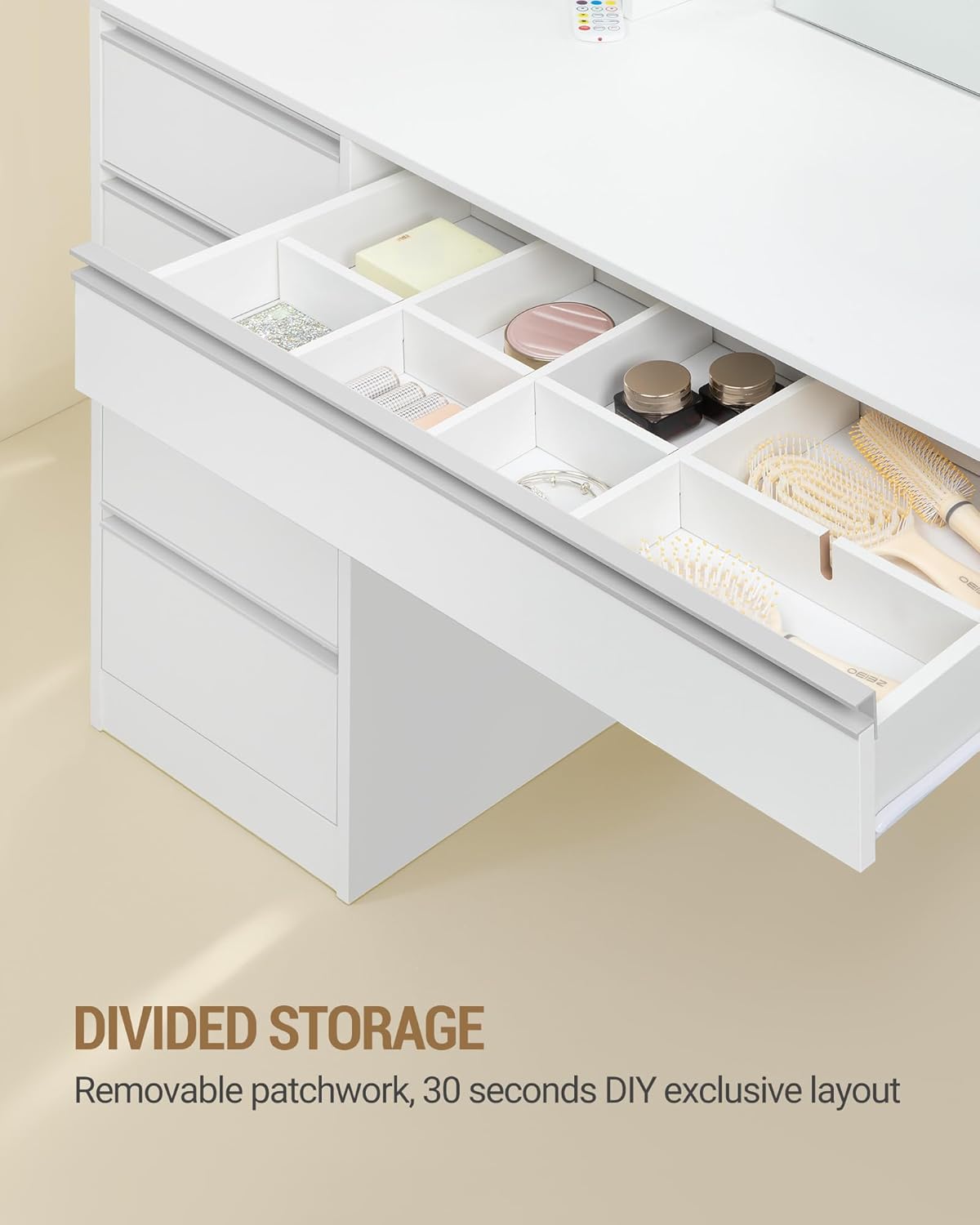 Hzuaneri Makeup table with 8 drawers, large mirror with RGB LED lighting, integrated jewellery shelf, 100 cm wide worktop with bedside table, white DT41103XEU