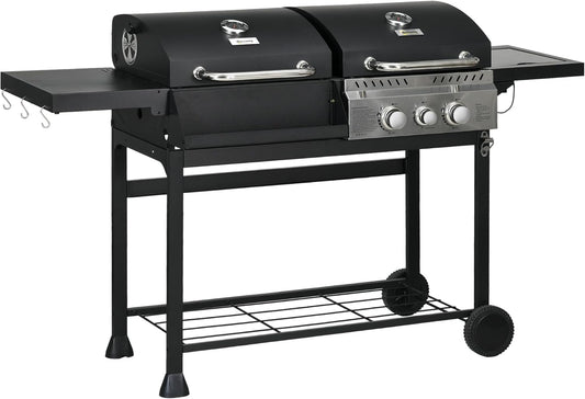 Outsunny Gas Barbecue with 2+1 Burners Thermometer 3kW Charcoal Barbecue with Shelf Side Table Hooks Camping Grill with Hose for Garden, Balcony, Black - QUORE