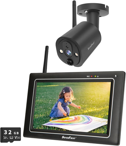 SecuFirst Bewakingscamera voor buiten, kit met binnenmonitor, 7 inch touchscreen met 2 TB uitbreidbaar geheugen, werken zonder wifi, 2K camerabewaking buiten, 32 GB lokaal geheugen.