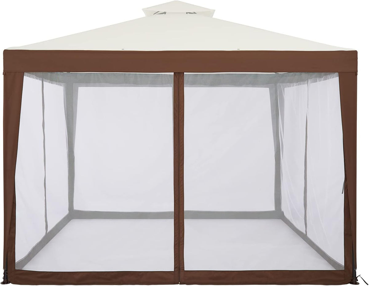 Mondeer Tuinpaviljoen, 3 x 3 m, dubbel dak, paviljoen met 4 muggennetten, zijpanelen voor schaduw en regen, metalen frame, stabiel, beige en bruin