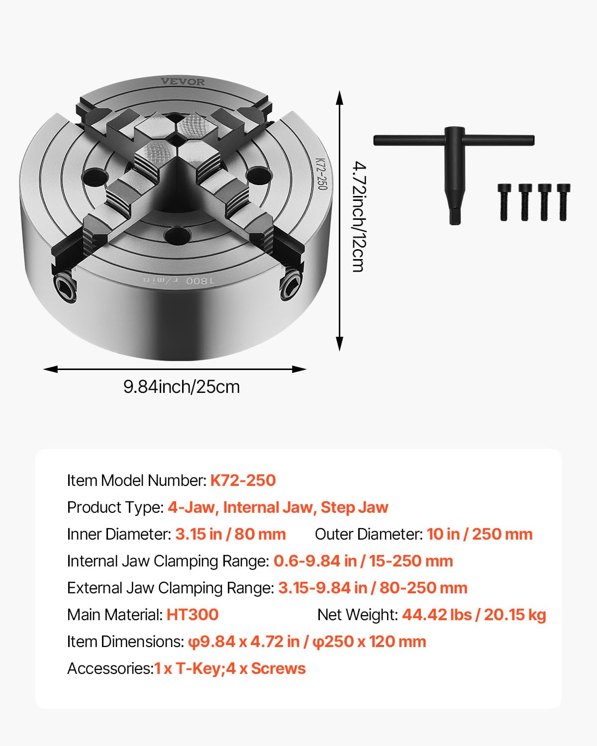 VEVOR 4 jaw lathe holder, 250 mm, lathe chuck, 15-250 mm clamping range with T-key fixing screws, reversible jaw, HT300 cast iron, internal external for wood-metal lathe
