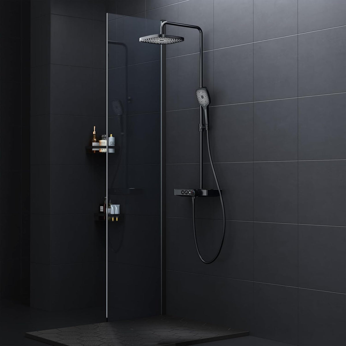 Douche Systeem – Thermostaat Douche Set – Regendouche – Handdouche – Douchekraan – Glazen Plank – Mat Zwart – In Hoogte Verstelbaar – Watervaluitloop